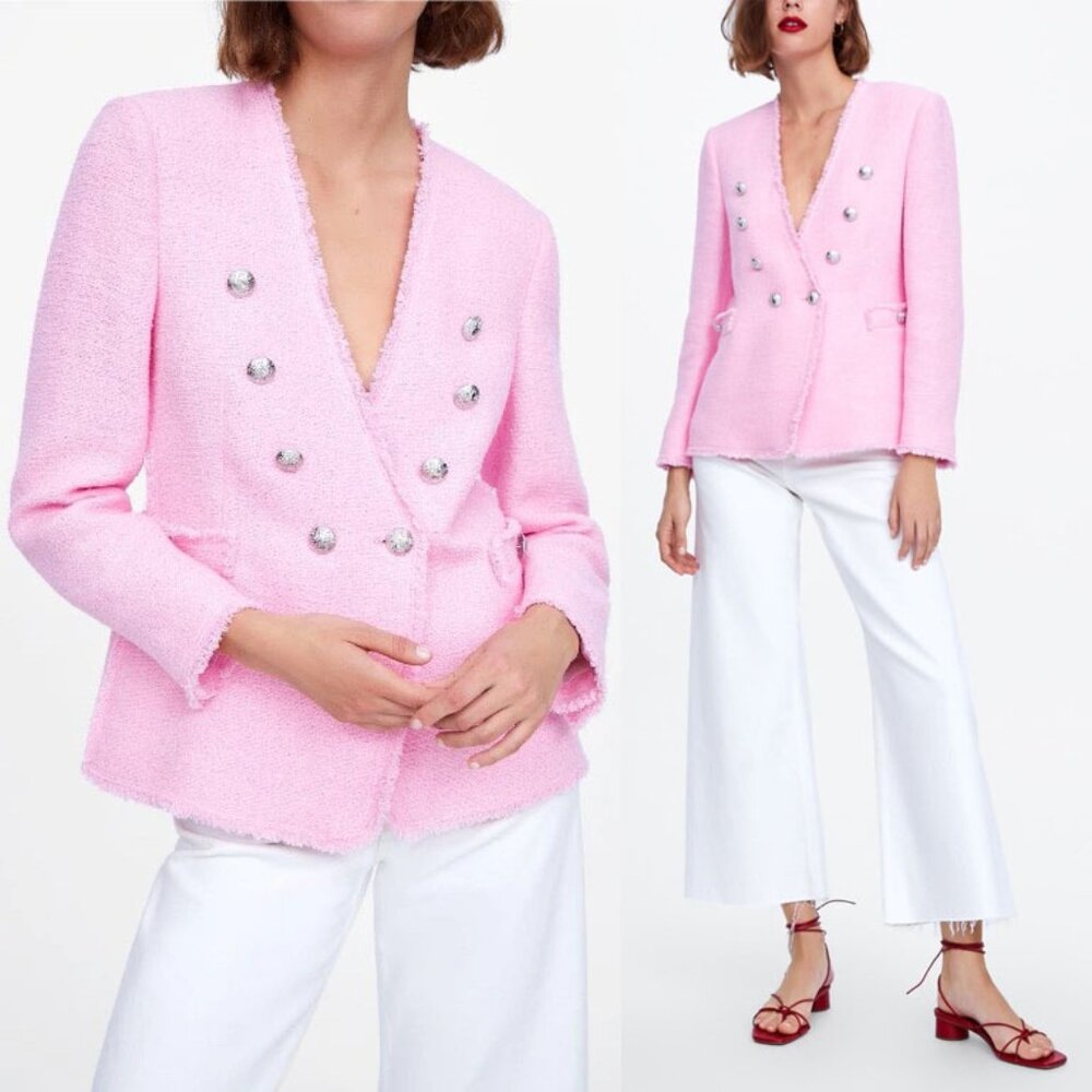 Zara Pink Tweed Blazer Jacket Metallic Buttons XS Blogger's Favorite Romantic